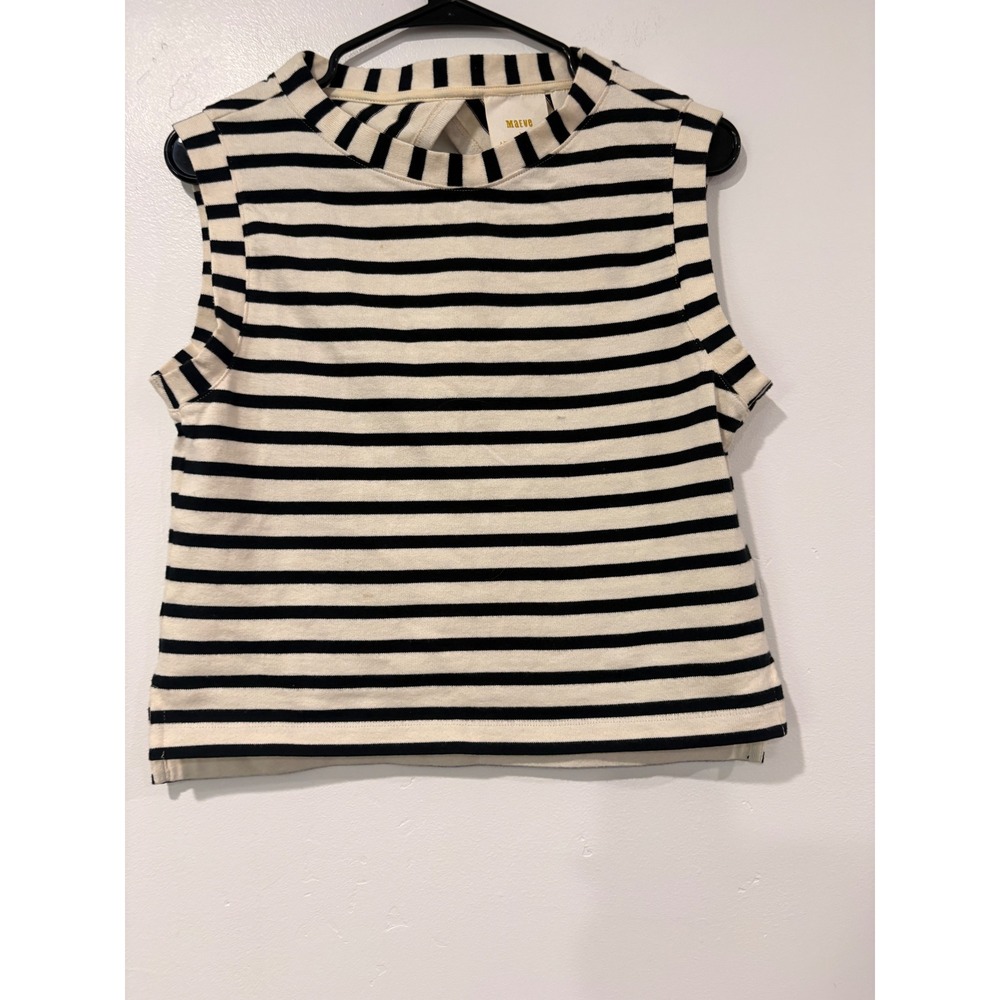 Maeve Anthropologie Striped Mock Neck Sleeveless Top Open Back Small Black Ivory